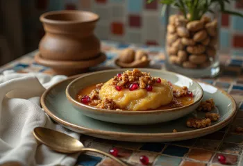 Ашуре с грецкими орехами, богатый, пряный турецкий десерт, украшенный свежей мятой