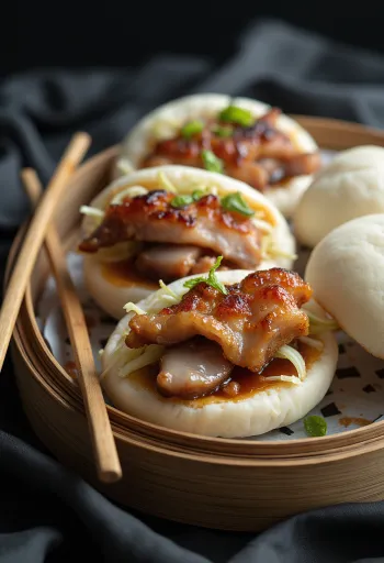 Паровые булочки бао с толстыми ломтиками свиной грудинки
