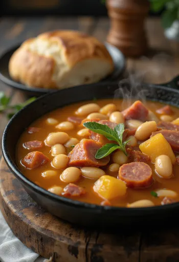 Фабада с фасолью Ла Гранха, богатый фасолевый суп с чоризо и хамоном серрано