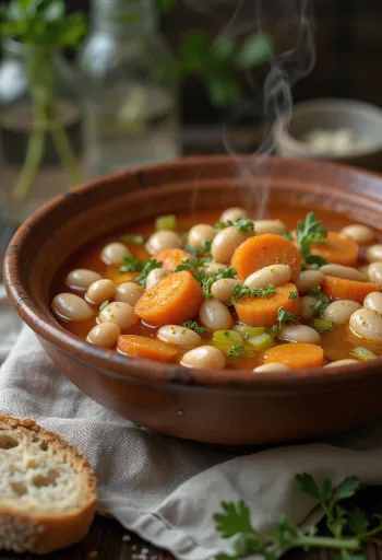 Фасолада с чесноком, поданная со свежим хлебом