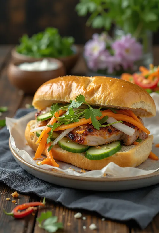 Классический Бань Ми, поданный с богатым вкусом свежих овощей и говядины.