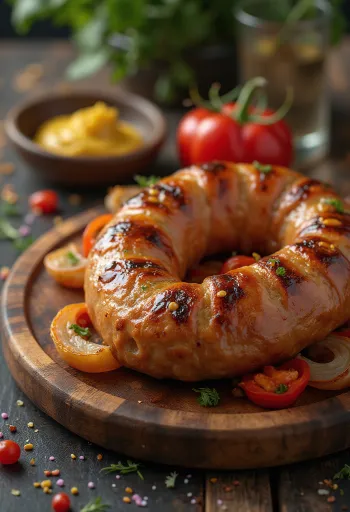 Жареная колбаса, обжаренная до золотистой корочки, с хрустящей кожей и свежей зеленью