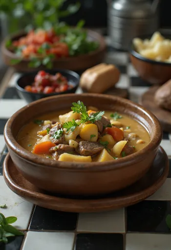 Рагу с чаем и маслом яка, поданное в рустикальной миске со свежей зеленью.