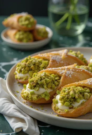 Канноли с фисташковой начинкой, украшенные шоколадом и кусочками фисташек