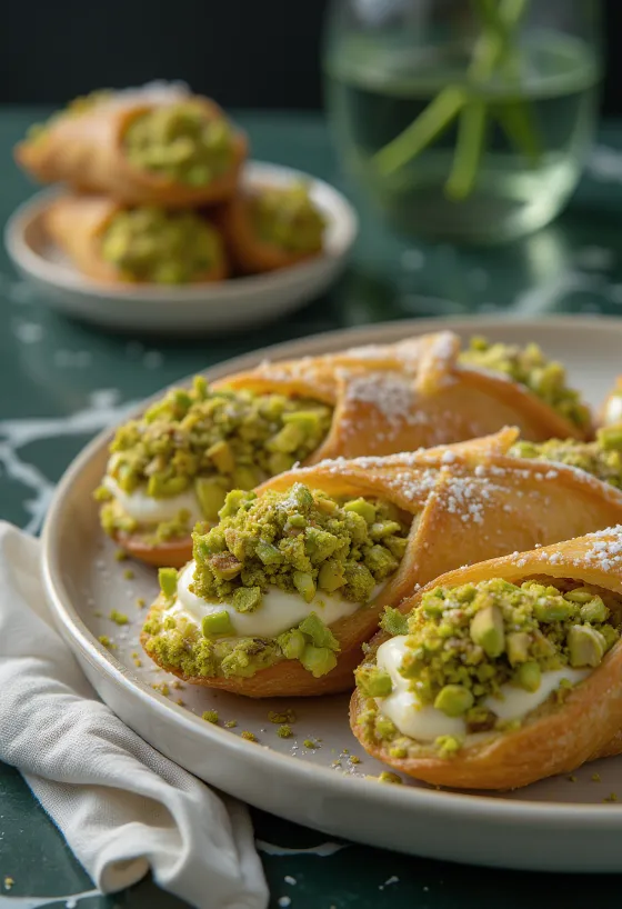 Канноли с фисташковой начинкой, украшенные шоколадом и кусочками фисташек