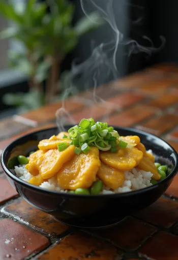 Оякодон с эдамаме, украшенный яйцом, курицей и свежей кинзой