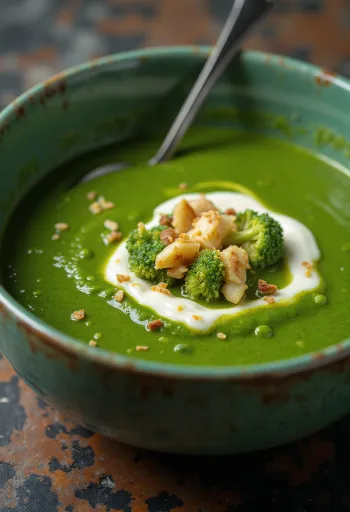 Крем-суп из брокколи с чесноком и базиликом при подаче