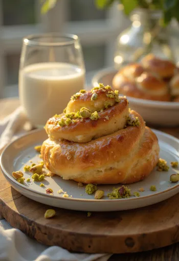 Канелбуллар с фисташками, запеченные до золотисто-коричневого цвета, с хрустящими орехами сверху