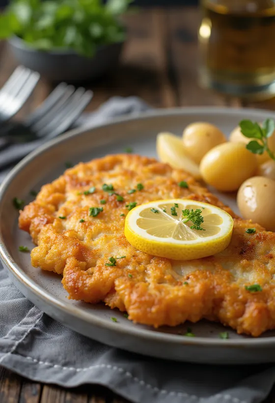 Свиной шницель с картофелем, хрустящая свинина и масляный картофель