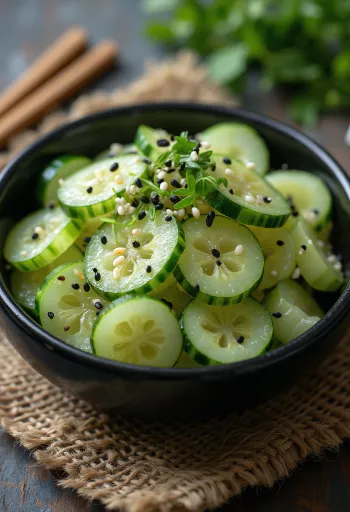 Суномоно с огурцом, тонко нарезанный огурец в кисло-сладком маринаде, поданный с кунжутом
