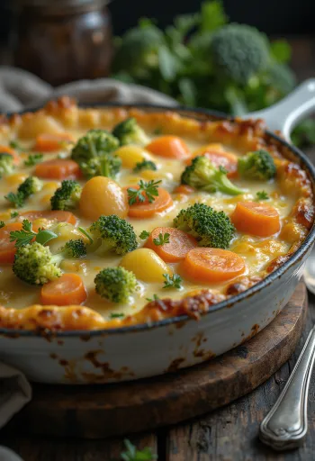 Овощная запеканка слоями, запеченная с сыром и специями.