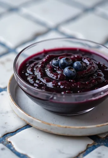 Черничный соус с бальзамическим уксусом и чили в миске, украшенный свежей черникой и кусочками чили.