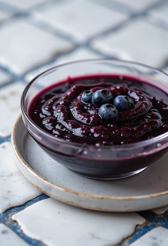 Черничный соус с бальзамическим уксусом и чили в миске, украшенный свежей черникой и кусочками чили.