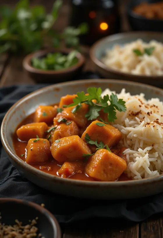 Pork Vindaloo, поданное с рисом и свежей кинзой