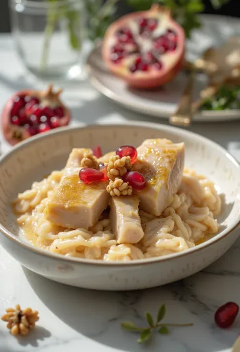 Сациви с индейкой, украшенное ореховым соусом и кинзой
