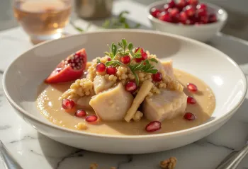 Сациви с индейкой, украшенное ореховым соусом и кинзой