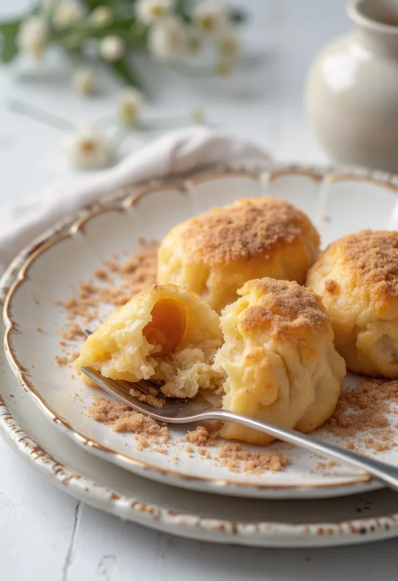 Свежеприготовленные сливовые кнедлики с коричным сахаром и панировочными сухарями