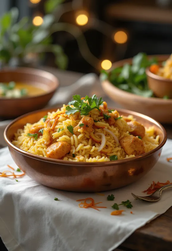 Бирьяни с курицей, украшенный свежей кинзой и мятой