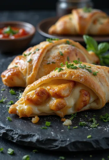 Кальцоне с куриной грудкой, с золотистой корочкой, с начинкой из куриной грудки и сыра