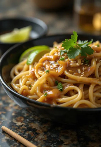 Рисовая лапша с арахисовым маслом, украшенная кинзой и кунжутом