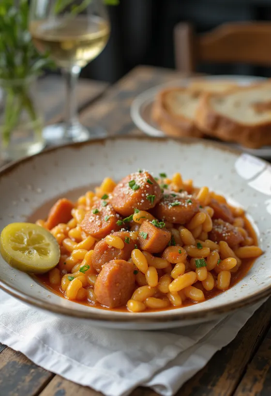 Пастуший тархоня с копченой колбасой и картофелем, посыпанный свежей петрушкой