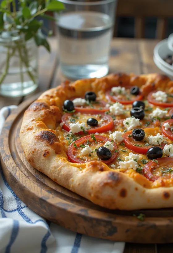 Pizza Greca с сыром фета, черными оливками и свежими помидорами