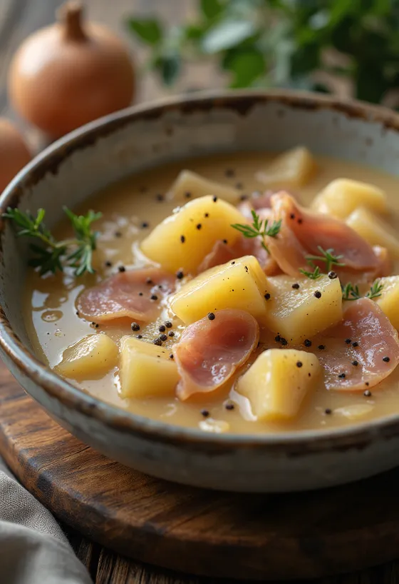 Картофельный крем-суп с копченостями при подаче