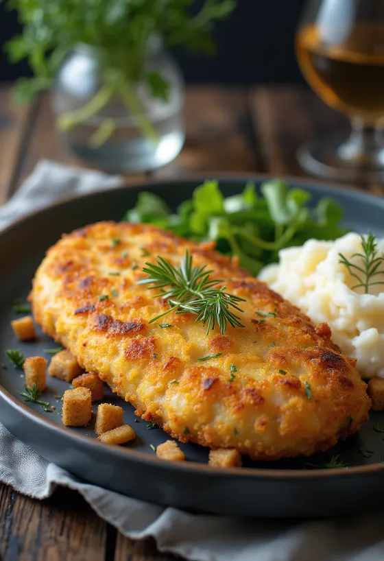 Пожарская котлета с маслом и сухариками, поданная с картофельным пюре