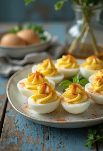 Фаршированные яйца, украшенные свежей зеленью и паприкой
