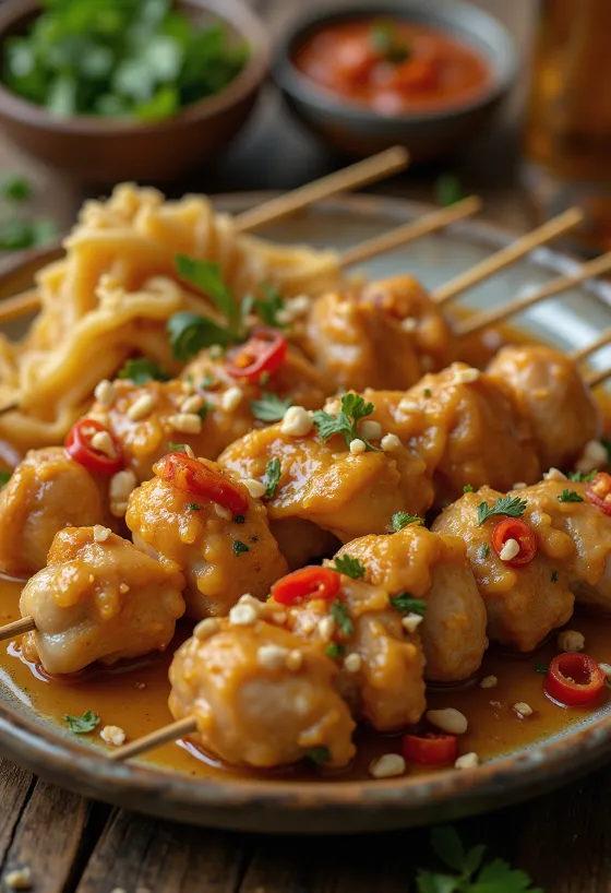 Пряный с арахисовым соусом, куриные шашлычки гриль в маринаде из арахисовой пасты