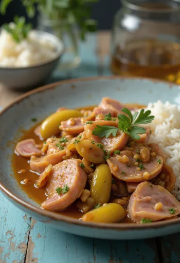 Токань по-мясницки с сочной свининой, копченой колбасой и маринованным огурцом.