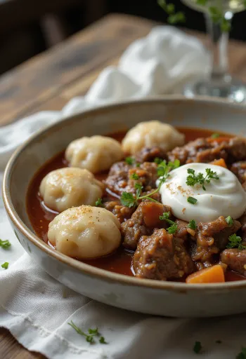 Перкельт с галушками с овечьим творогом и сметаной при подаче
