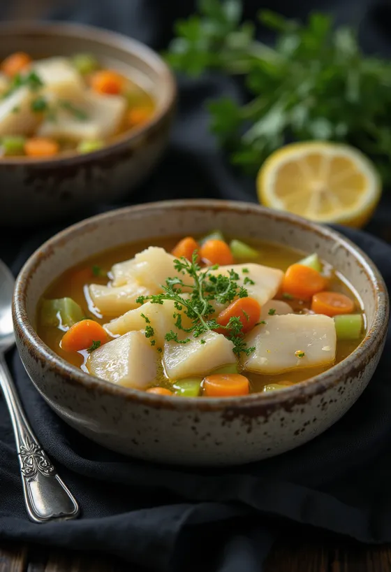 Тарелка греческого рыбного супа псаросупа