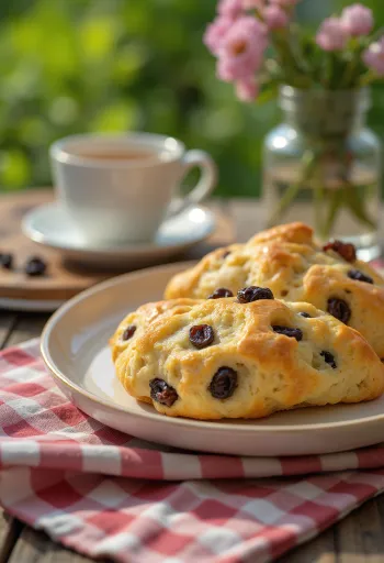 Сконы с изюмом, поданные со свежим чаем, мягкие и золотисто-коричневые