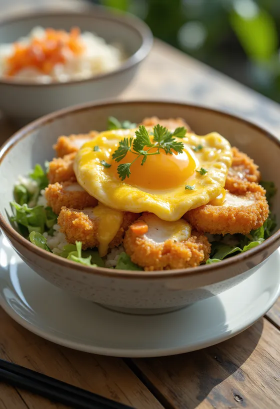 Курица кацудон с овощами и карри в хрустящей панировке, подается со свежей кинзой