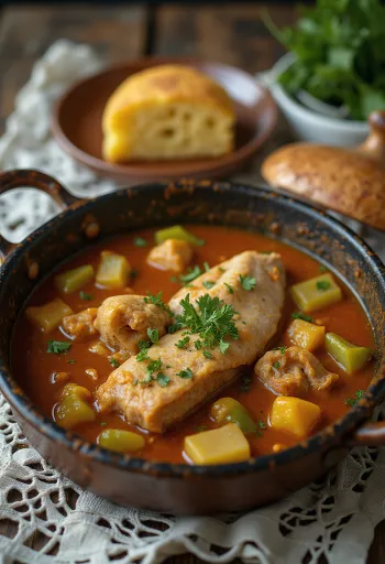 Рагу из хвоста аллигатора, поданное со свежим хлебом.