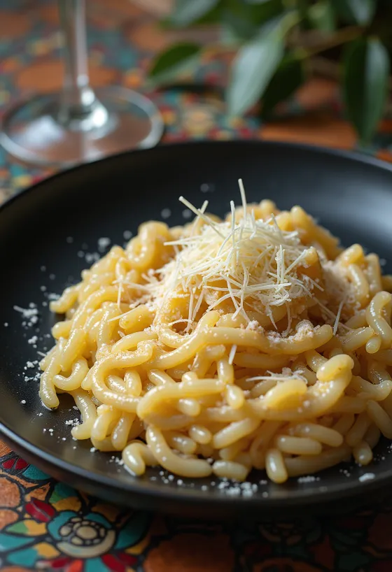 Итальянское ризотто кремовой консистенции, украшенное сыром и специями