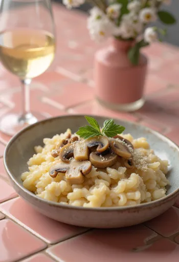 Кремовое ризотто с лесными грибами, посыпанное свежей петрушкой