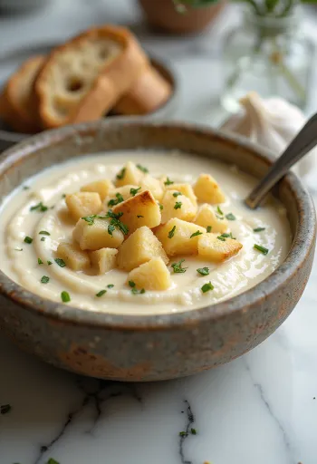 Сливочный чесночный крем-суп с гренками и свежей петрушкой.