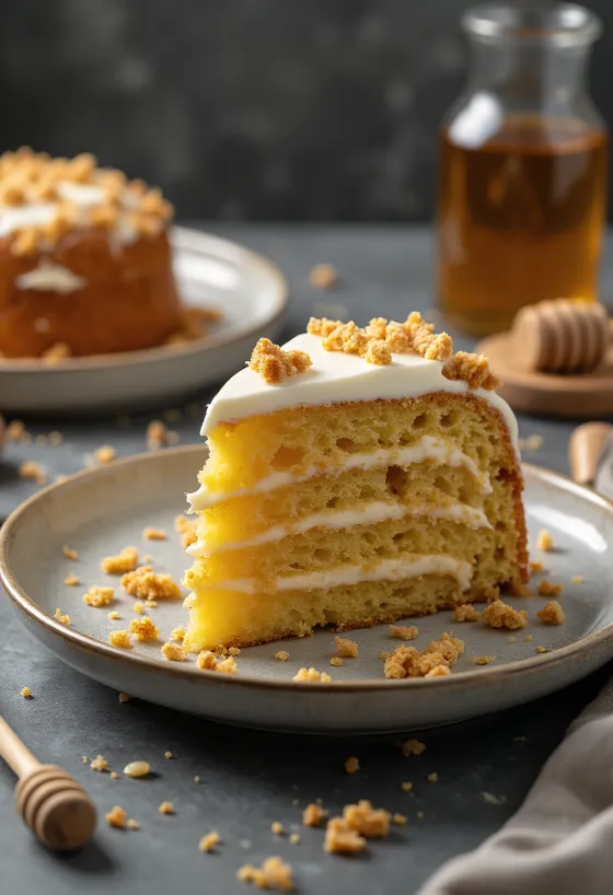 Медовик со слоеным кремом, украшенный крошкой из теста
