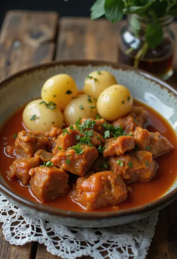 Пёркёльт из баранины, поданный со свежим хлебом и соленьями