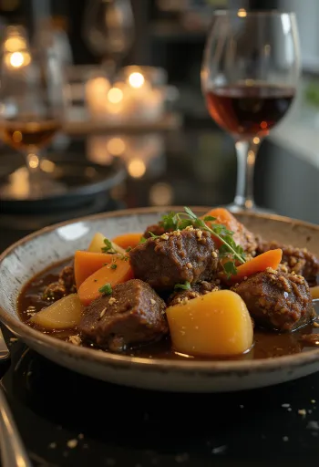 Рагу из антилопы с овощами, поданное в деревенской миске.