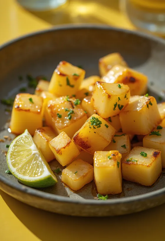 Запеченный дайкон, поданный со свежей петрушкой и соком цитрусовых