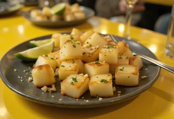 Запеченный дайкон, поданный со свежей петрушкой и соком цитрусовых