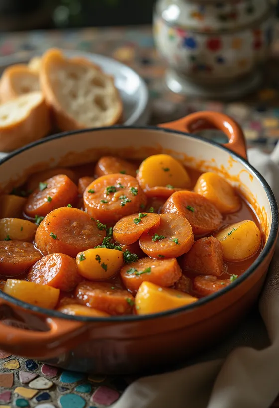 Паприкаш из картофеля с сочными кусочками картофеля, копченой колбасой и посыпанный свежей петрушкой