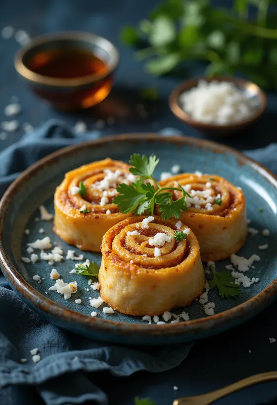 Патра с кисло-сладким вкусом, поданная с кинзой и в свежих цветах