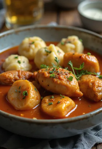 Пёркёльт из перепелки, поданный к столу