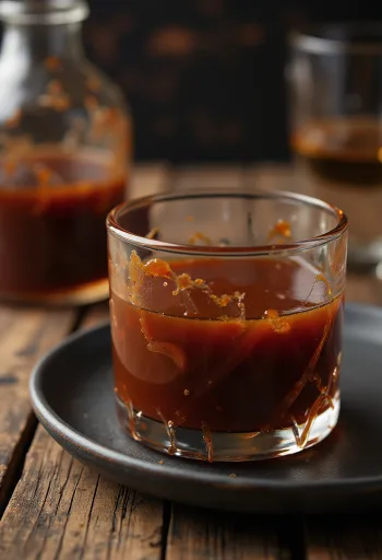 Соус барбекю с бурбоном в миске, со свежими специями и мясом на гриле на заднем плане.