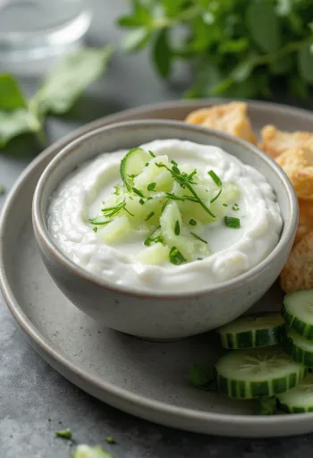 Йогуртовый соус с огурцом, поданный со свежими овощами