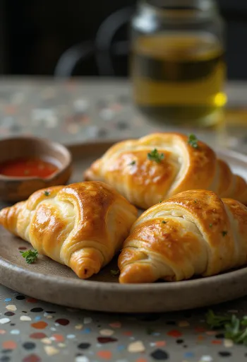 Самбусек в хрустящем тесте с пряной мясной начинкой, поданный с пряным оливковым маслом